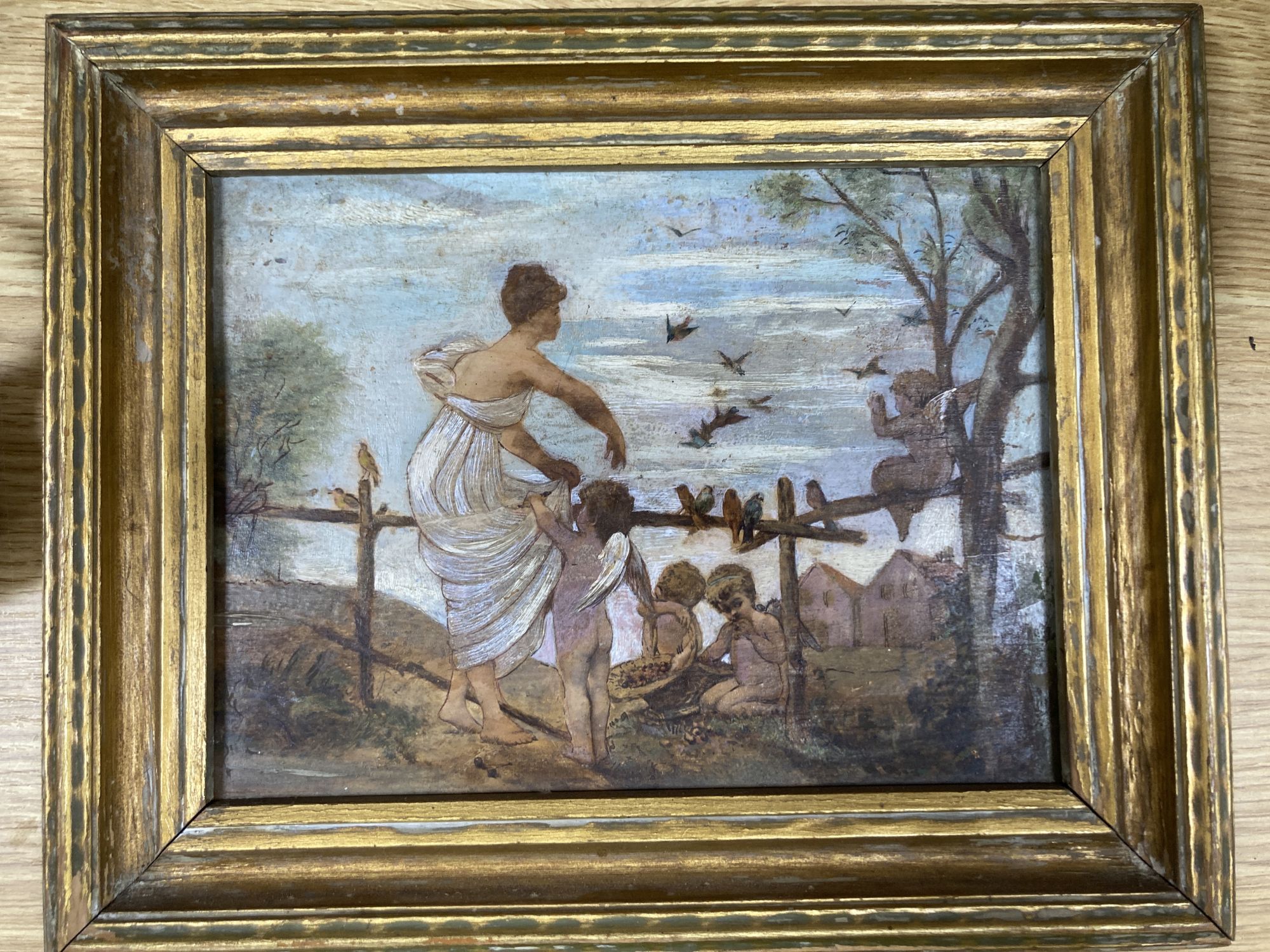 English School c.1900, oil on wooden panel, Woman and cherubs feeding birds, 14.5 x 19.5cm